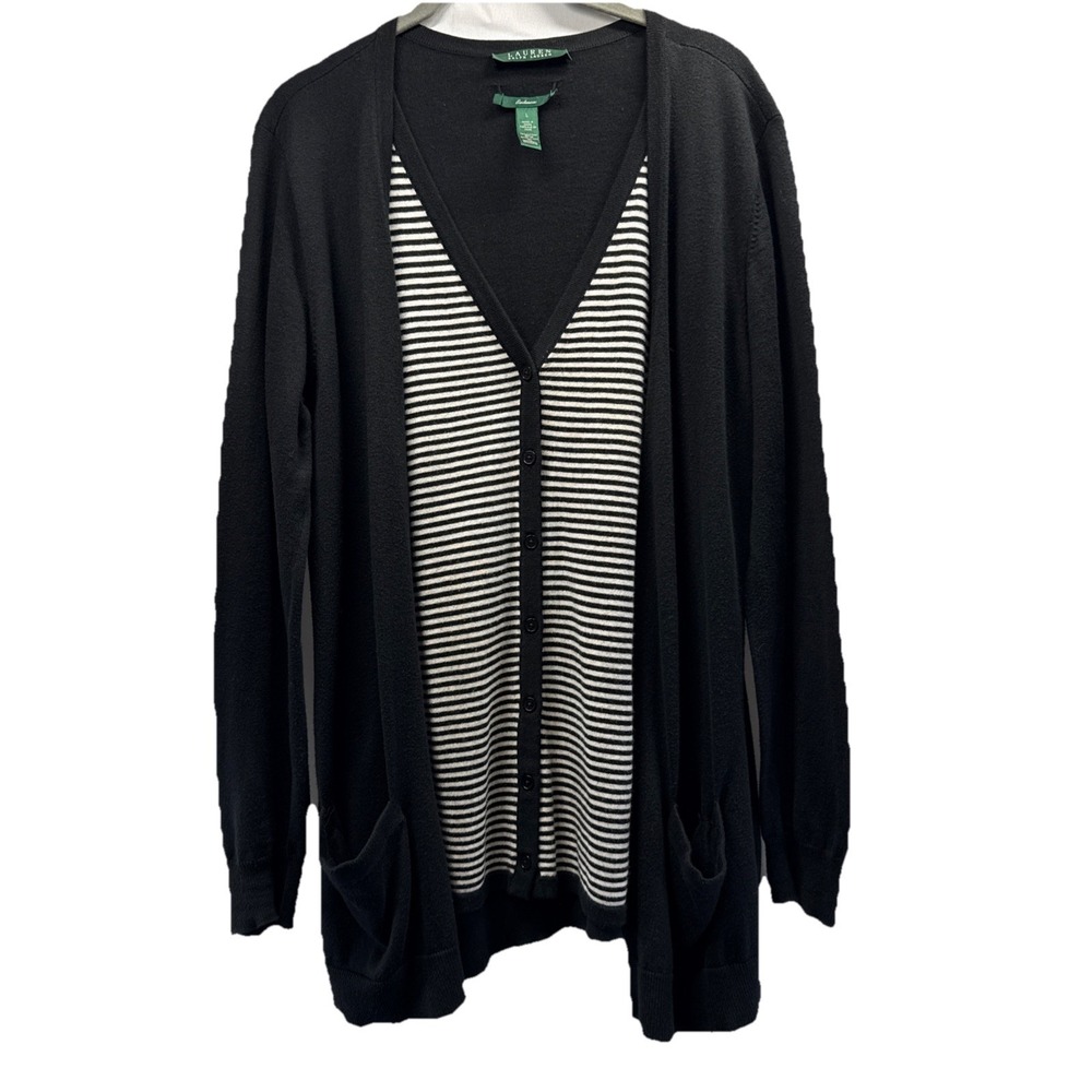Lauren Ralph Lauren Cashmere Blend Sweater Top Sz Large‎ Black White Silk Knit